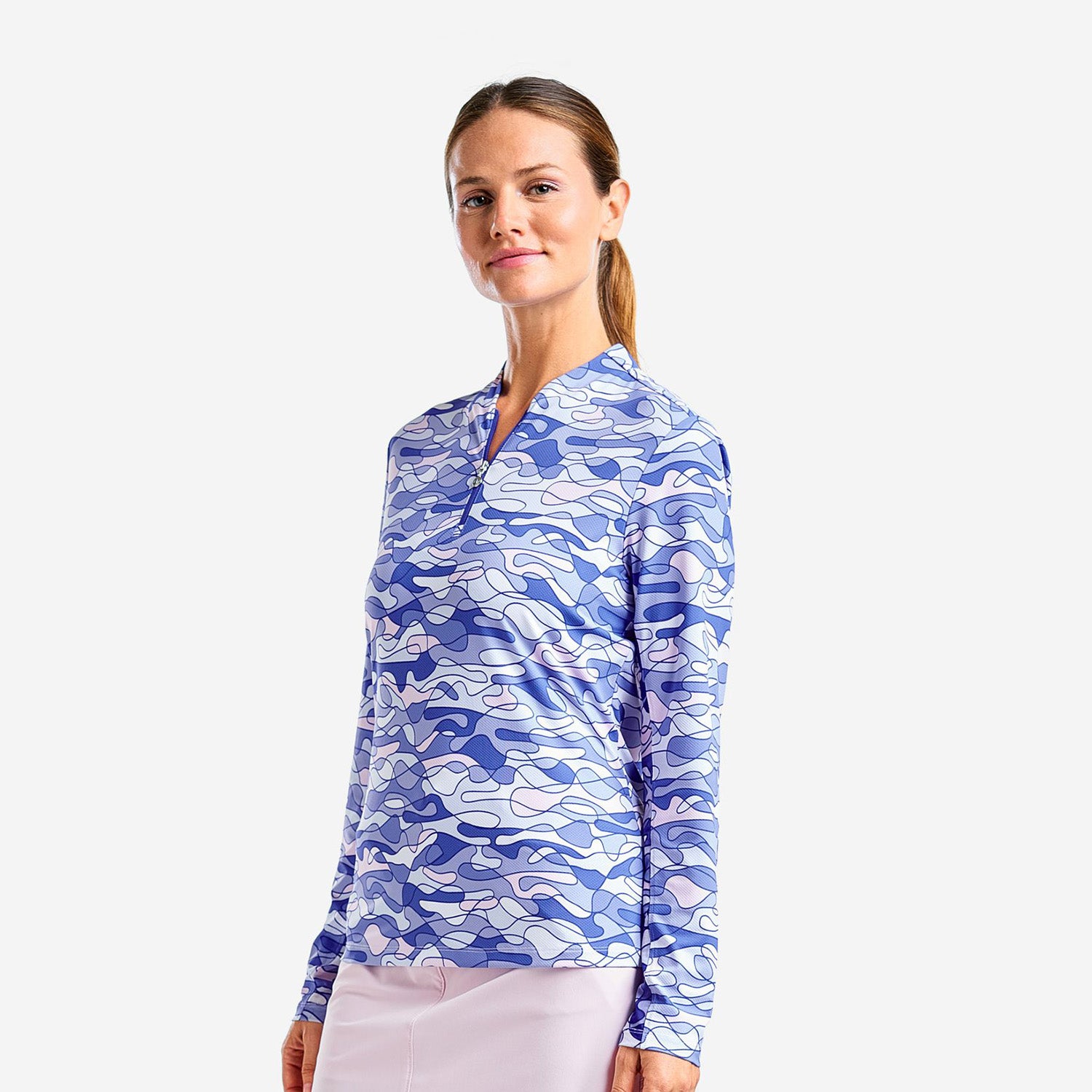 Nivo Ladies Long Sleeve Mock Collar Golf Top with Abstract Wave Print